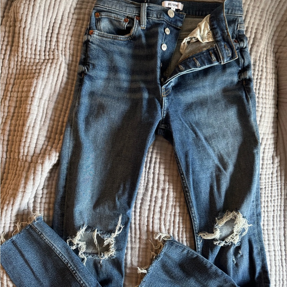 Re/Done Dark Blue Distressed Ankle Jeans